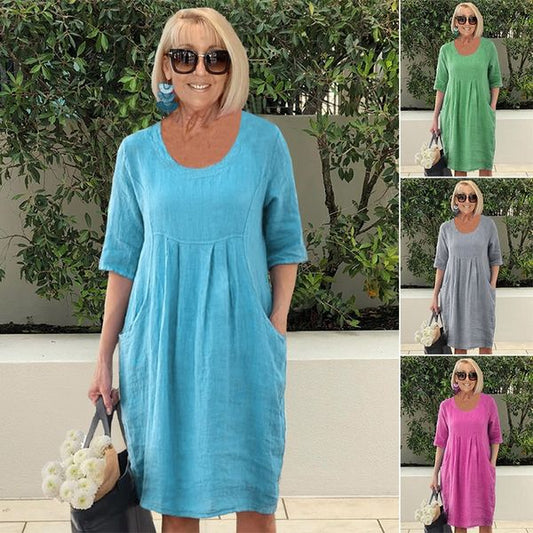🔥Hot Sale 49% OFF💃Solid Color Cotton Linen Pockets Tunic Midi Dress