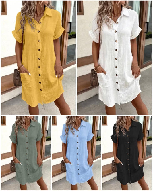 🔥BUY 2 GET 10% OFF💝Women's Buttoned Short Sleeve Pocket Casual Shirt Dress