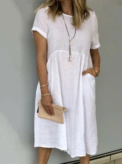 🔥BUY 2 GET 10% OFF💝Loose Round Neck Short Sleeve Cotton and Linen Dress