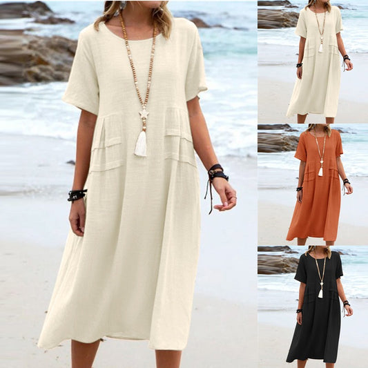 🔥Hot Sale 49% OFF💃Women's Round Neck Cotton Linen Midi Dress